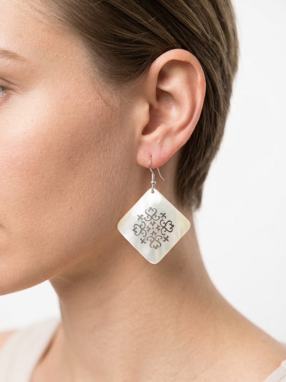 Mother of Pearl Diamond-Shaped Drop Earrings with Filigree